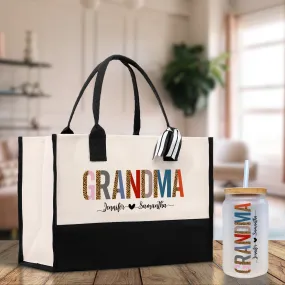 Leopard Colorful Grandma Custom Names Cotton Canvas Tote Bag Grandma Birthday Gift Set Frosted Can Glass with Bag Set From Grandkids Gift